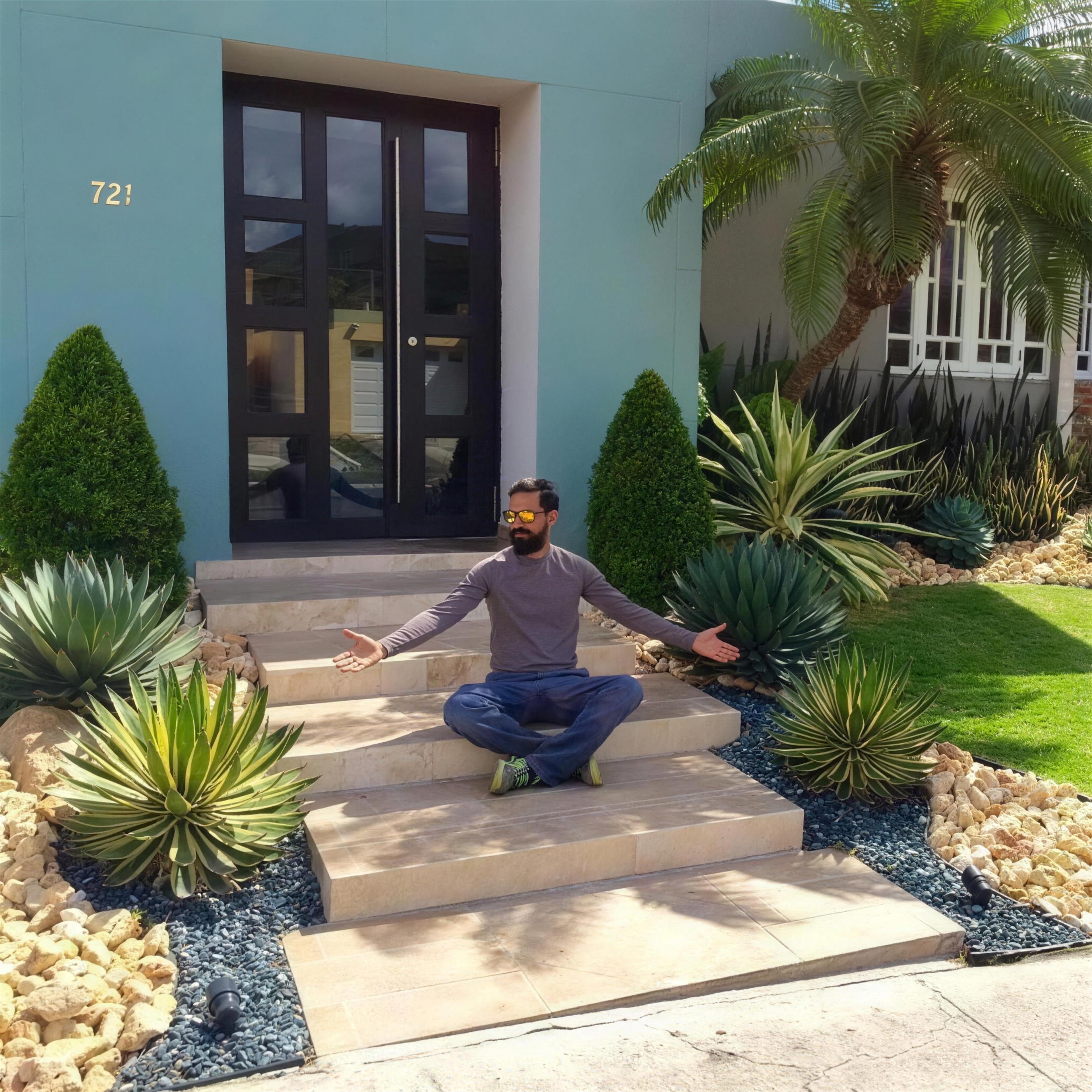 Fundador de AGAVE Landscaping PR en un patio recién instalado con agaves y suculentas