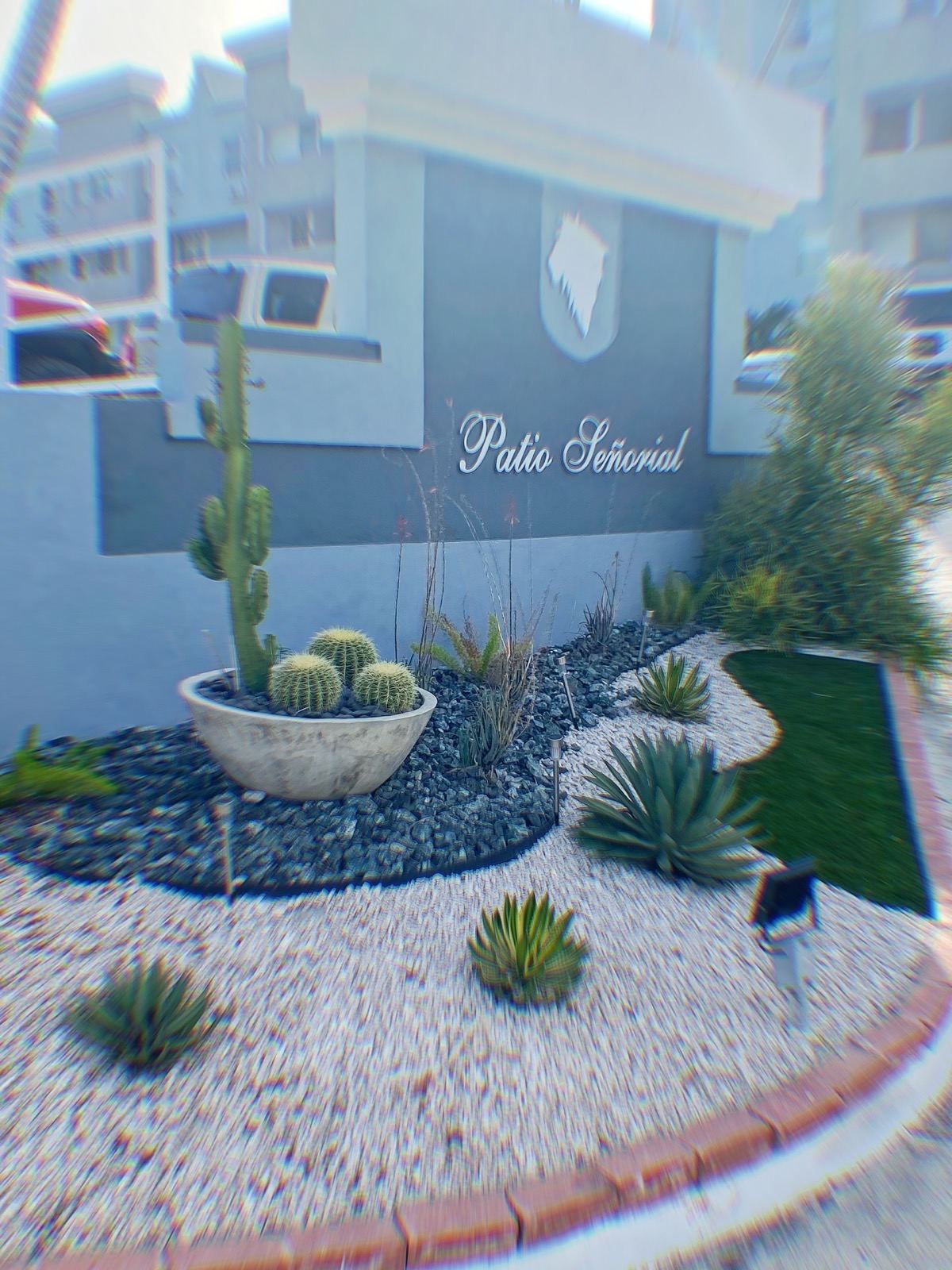 Patio Señorial en Ponce, cactus y agave junto a la entrada