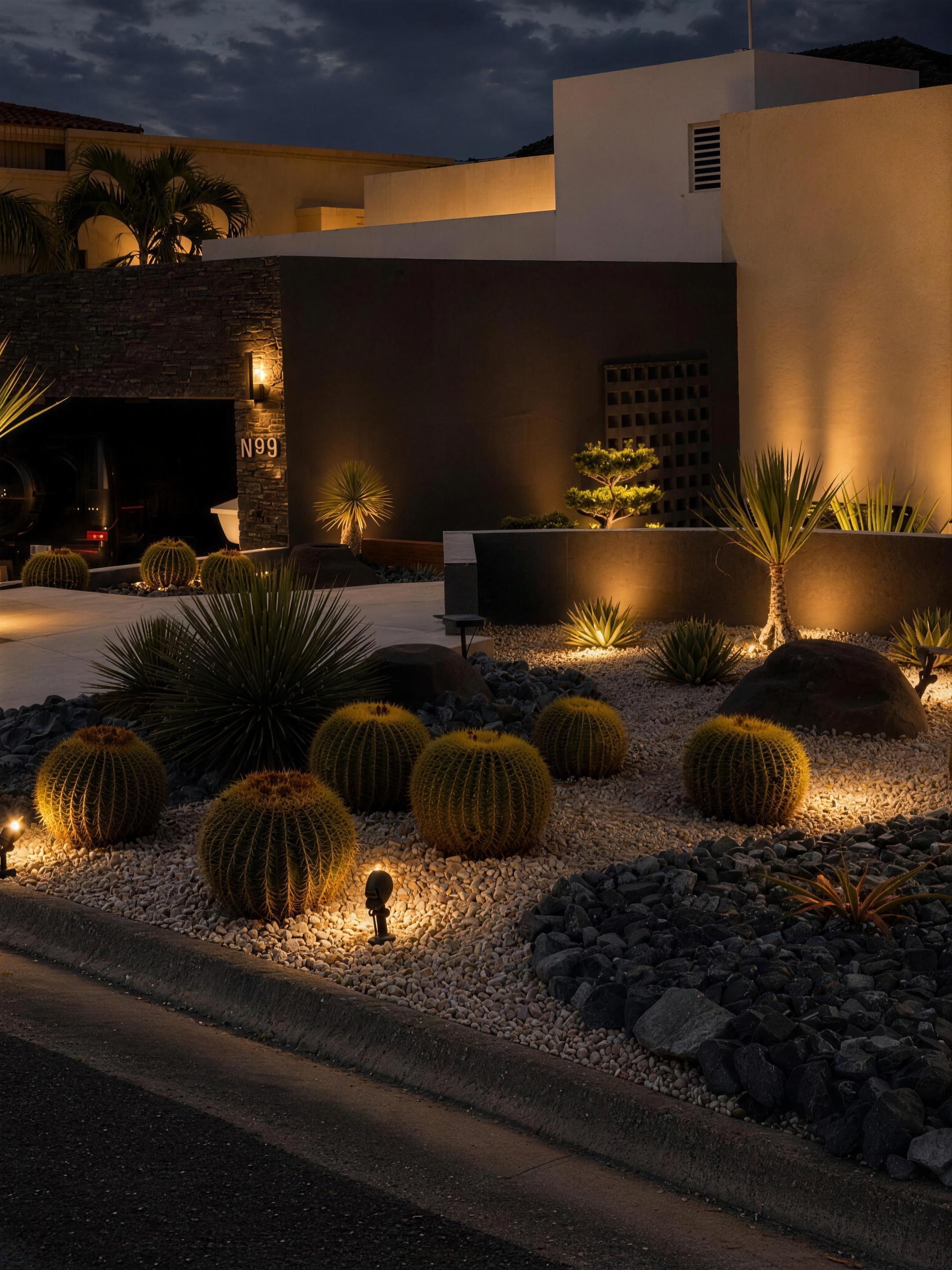 El mismo xerojardín de noche, iluminado con luces empotradas